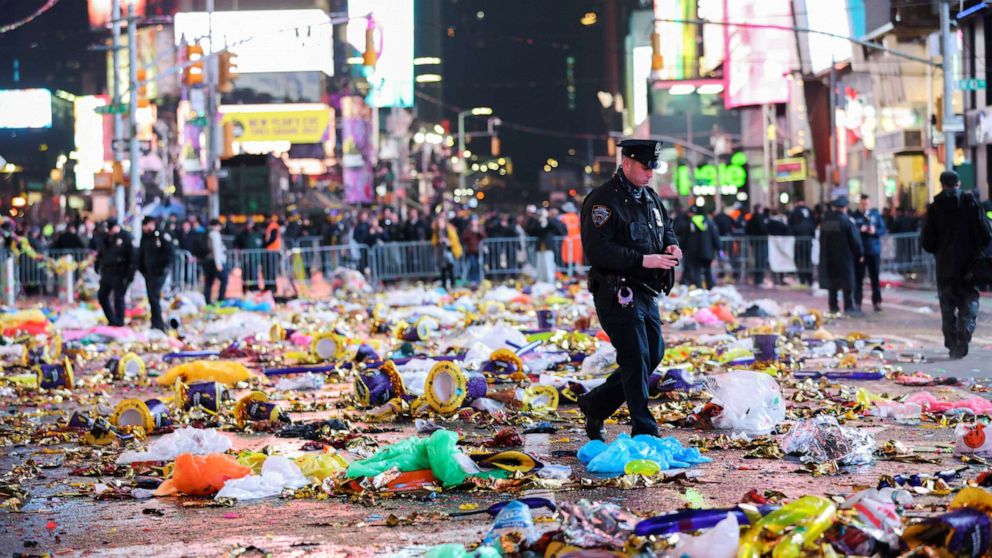 PHOTO: A police officer walks after the first public New Year's event since the COVID-19 pandemic, at Times Square, in New York, Jan. 1, 2023.