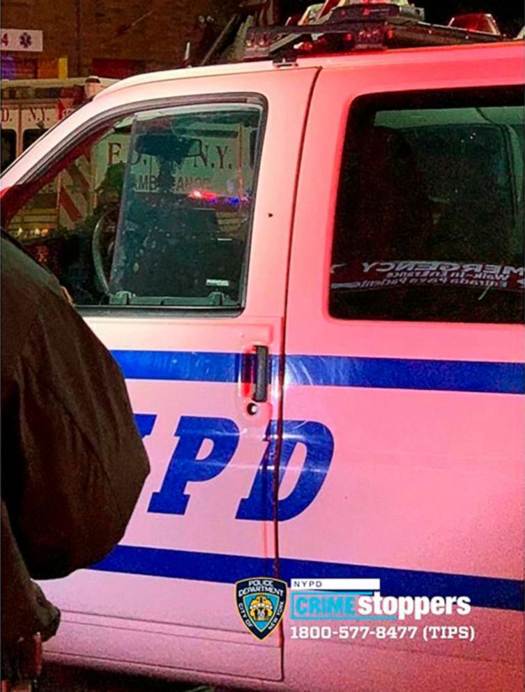 PHOTO: A photo shows a police van with a bullet hole above the door handle after a shooting in the Bronx borough of New York, Feb. 8, 2020.