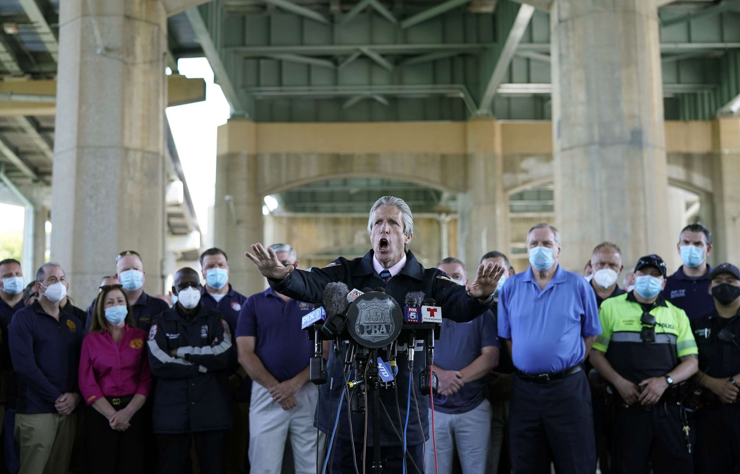 PHOTO: PBA President Pat Lynch speaks at a press conference, with representatives of other NYPD and law enforcement unions in attendance, at the Icahn Stadium parking lot in New York City, June 9, 2020.