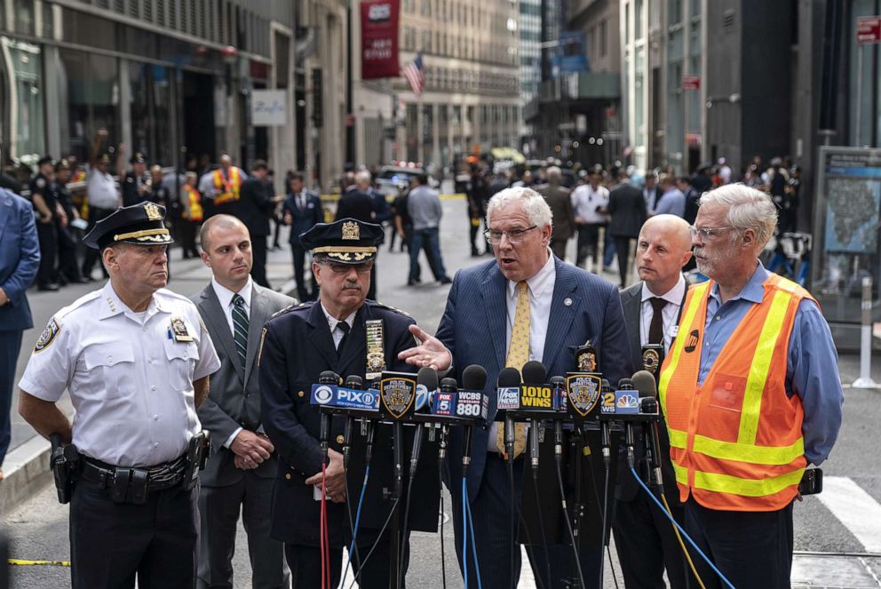 PHOTO: John Miller, Deputy Commissioner of Intelligence and Counterterrorism for the NYPD, speaks to the press near the scene of a suspicious package near the Fulton Street subway station in Lower Manhattan on August 16, 2019, in New York.