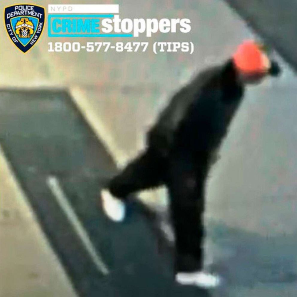 PHOTO: This April 23, 2021, image from surveillance video made available by the New York City Police Department shows an unidentified individual police who are seeking after a 61-year-old Asian man was attacked in the East Harlem neighborhood of New York.