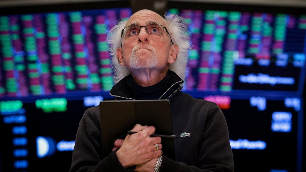 PHOTO: A trader works on the floor at the New York Stock Exchange in New York City, April 7, 2025.