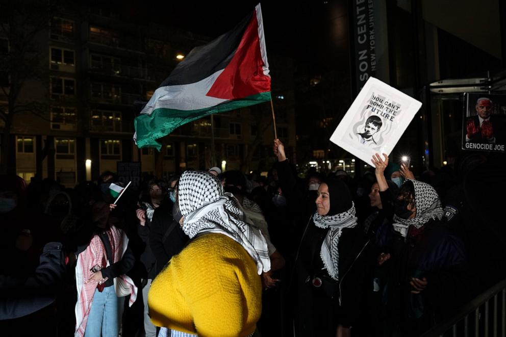 PHOTO: Students rally outside of their second "Gaza Solidarity Encampment"  at New York University, on April 26, 2024, in New York.