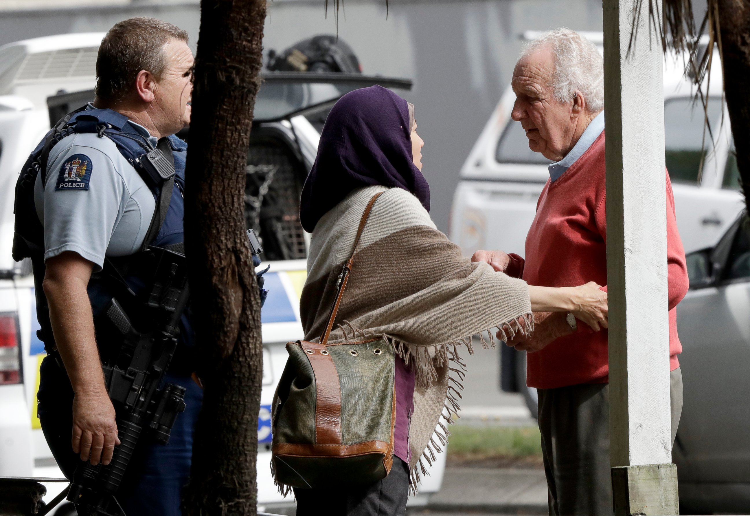 PHOTO: People wait outside a mosque in central Christchurch, New Zealand, Friday, March 15, 2019.