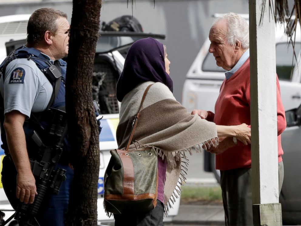 PHOTO: People wait outside a mosque in central Christchurch, New Zealand, Friday, March 15, 2019.