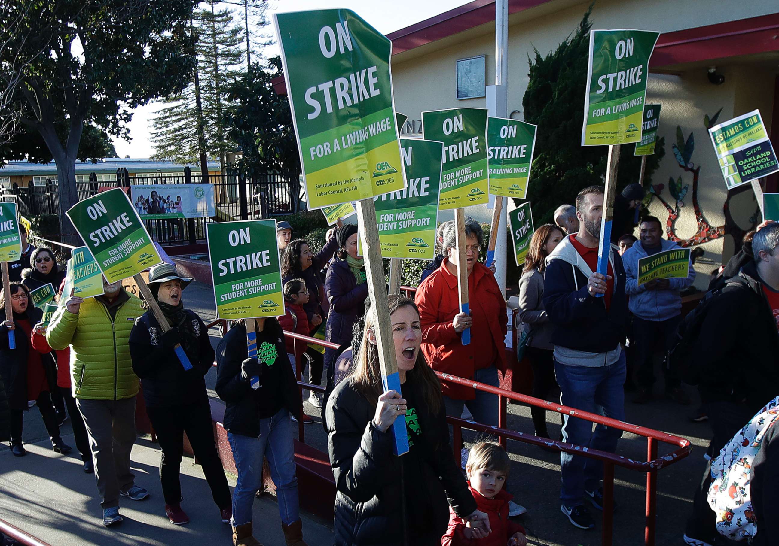 PHOTO: Teachers and supporters march outside of Manzanita Community School in Oakland, Calif., Feb. 21, 2019. 