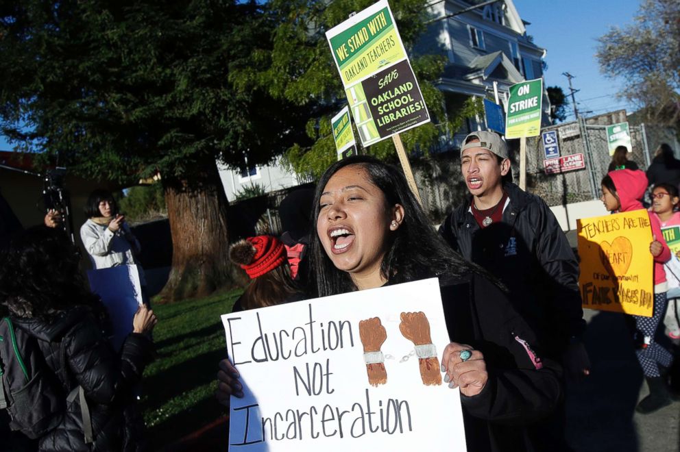 PHOTO: Roxana De La O Cortez, a teacher at Manzanita SEED Elementary School, marches with other teachers and supporters in Oakland, Calif., Feb. 21, 2019.