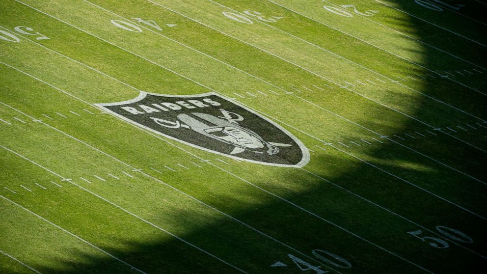 The Oakland Raiders logo is seen on the field at Estadio Azteca before their game against the New England Patriots on Nov. 19, 2017, in Mexico City, Mexico.
