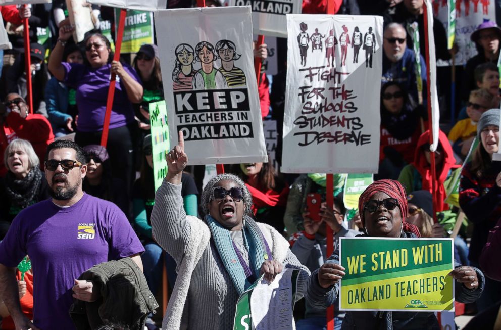 PHOTO: Teachers, students and supporters rally at Frank Ogawa Plaza in front of City Hall in Oakland, Calif., Feb. 21, 2019.