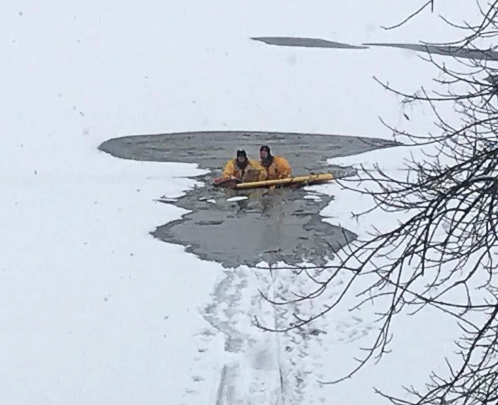 PHOTO: Firefighters from the Oaklyn Fire Department in New Jersey saved a dog who had fallen into a frozen creek behind a home. 