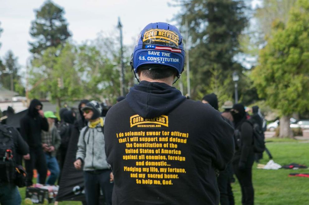 PHOTO: An Oathkeeper stands before a group of anti-fascists during a free speech rally at Martin Luther King Jr. Civic Center Park in Berkeley, April 15, 2017.