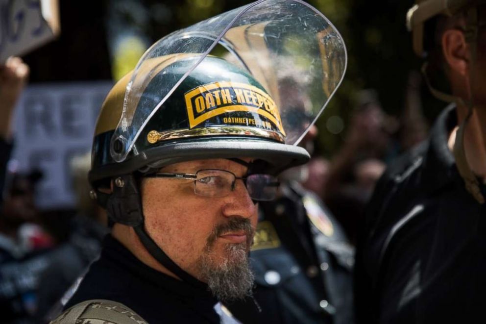 PHOTO: An Oath Keeper, stands guard during a pro-Donald Trump rally at Martin Luther King Jr. Civic Center Park in Berkeley, California, April 27, 2017. 