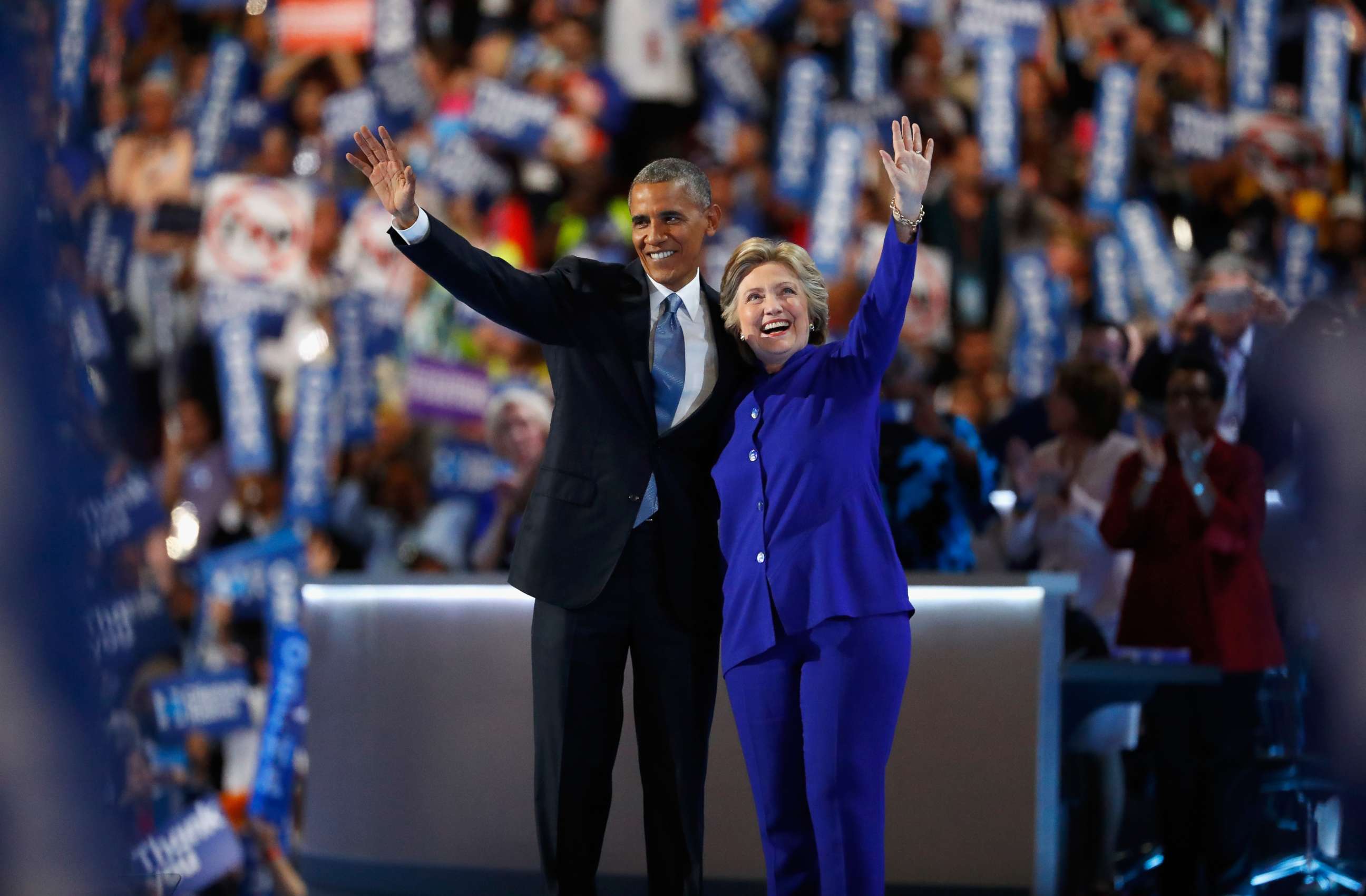 PHOTO: President Barack Obama and Democratic presidential nominee Hillary Clinton acknowledge the crowd on the third day of the Democratic National Convention at the Wells Fargo Center, July 27, 2016 in Philadelphia.