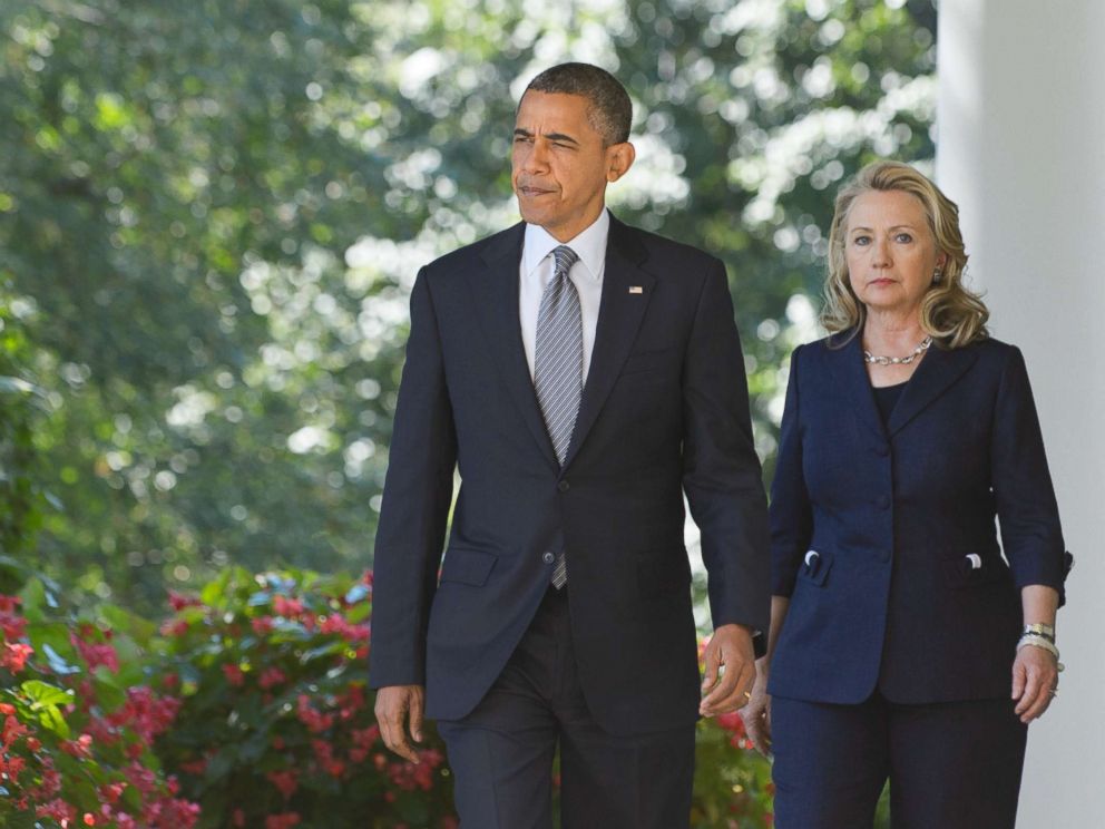 PHOTO: President Barack Obama and Secretary of State Hillary Clinton make their way to deliver a statement in the Rose Garden of the White House, Sept. 12, 2012 in Washington.