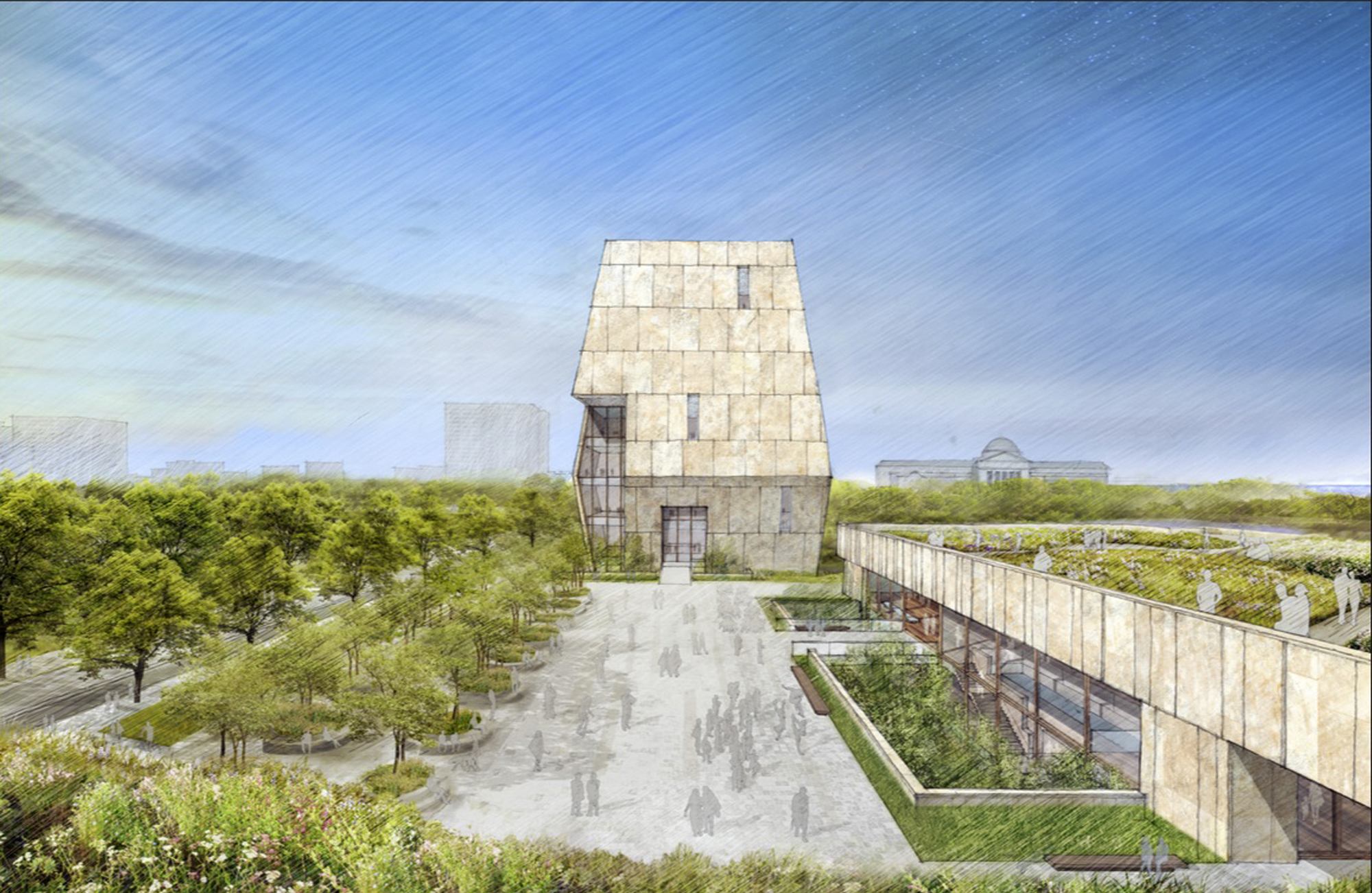 PHOTO: This illustration released on May 3, 2017 by the Obama Foundation shows plans for the proposed Obama Presidential Center with a museum, rear, in Jackson Park on Chicago's South Side.