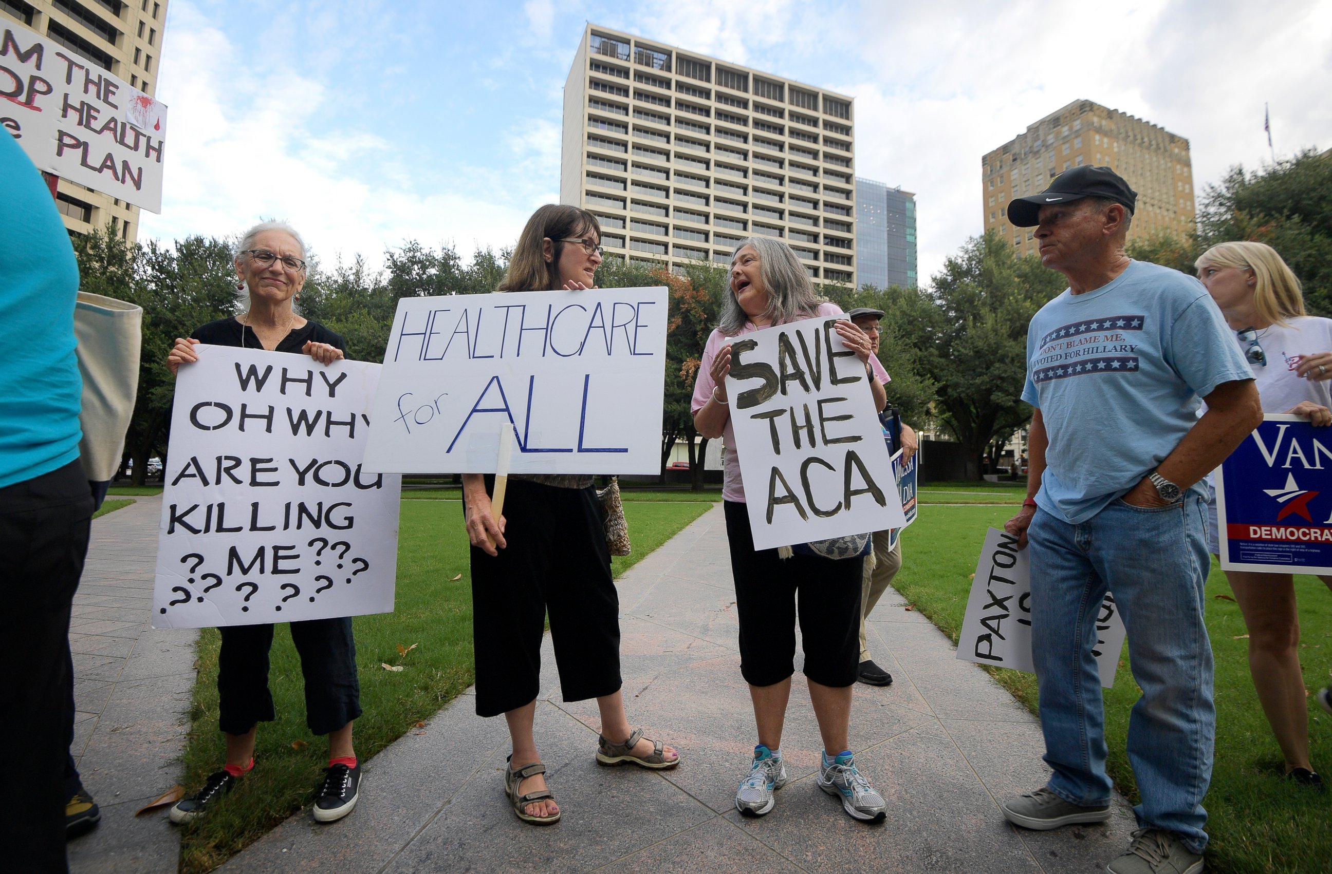 PHOTO: Supporters of the Affordable Care Act protest during a rally at Burnett Park in Fort Worth, Texas, Wednesday, Sept. 5, 2018.