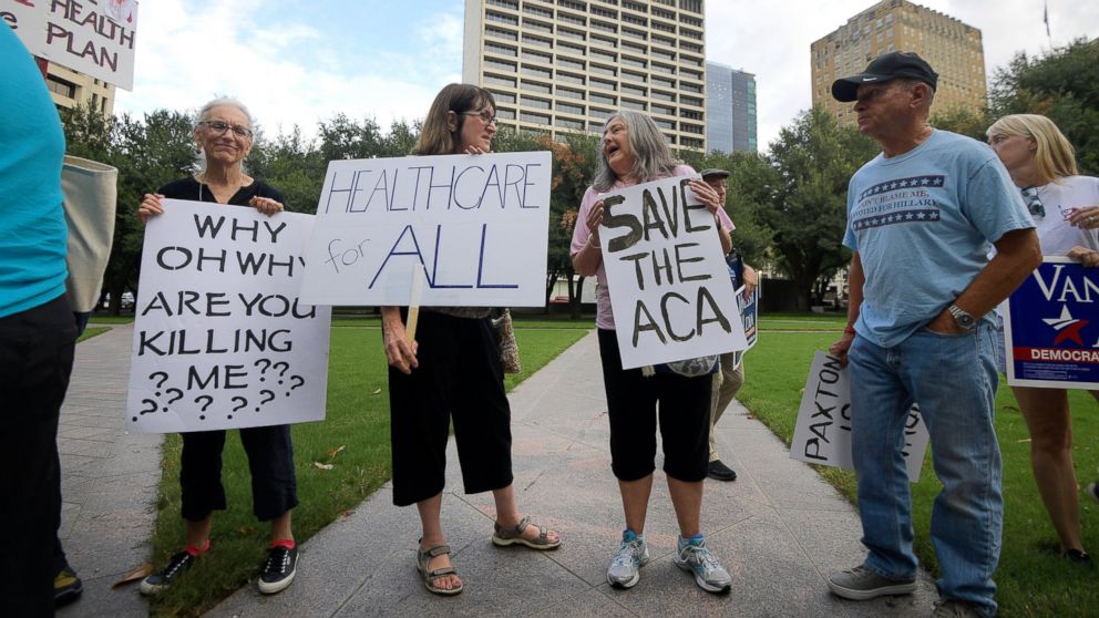 PHOTO: Supporters of the Affordable Care Act protest during a rally at Burnett Park in Fort Worth, Texas, Wednesday, Sept. 5, 2018.