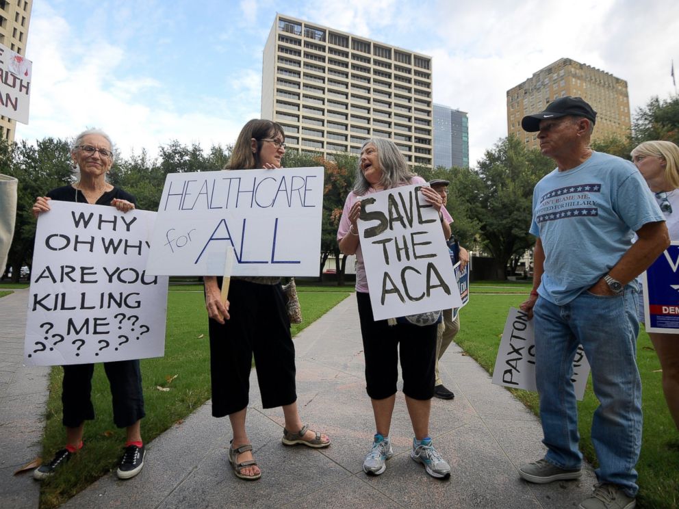 PHOTO: Supporters of the Affordable Care Act protest during a rally at Burnett Park in Fort Worth, Texas, Wednesday, Sept. 5, 2018.