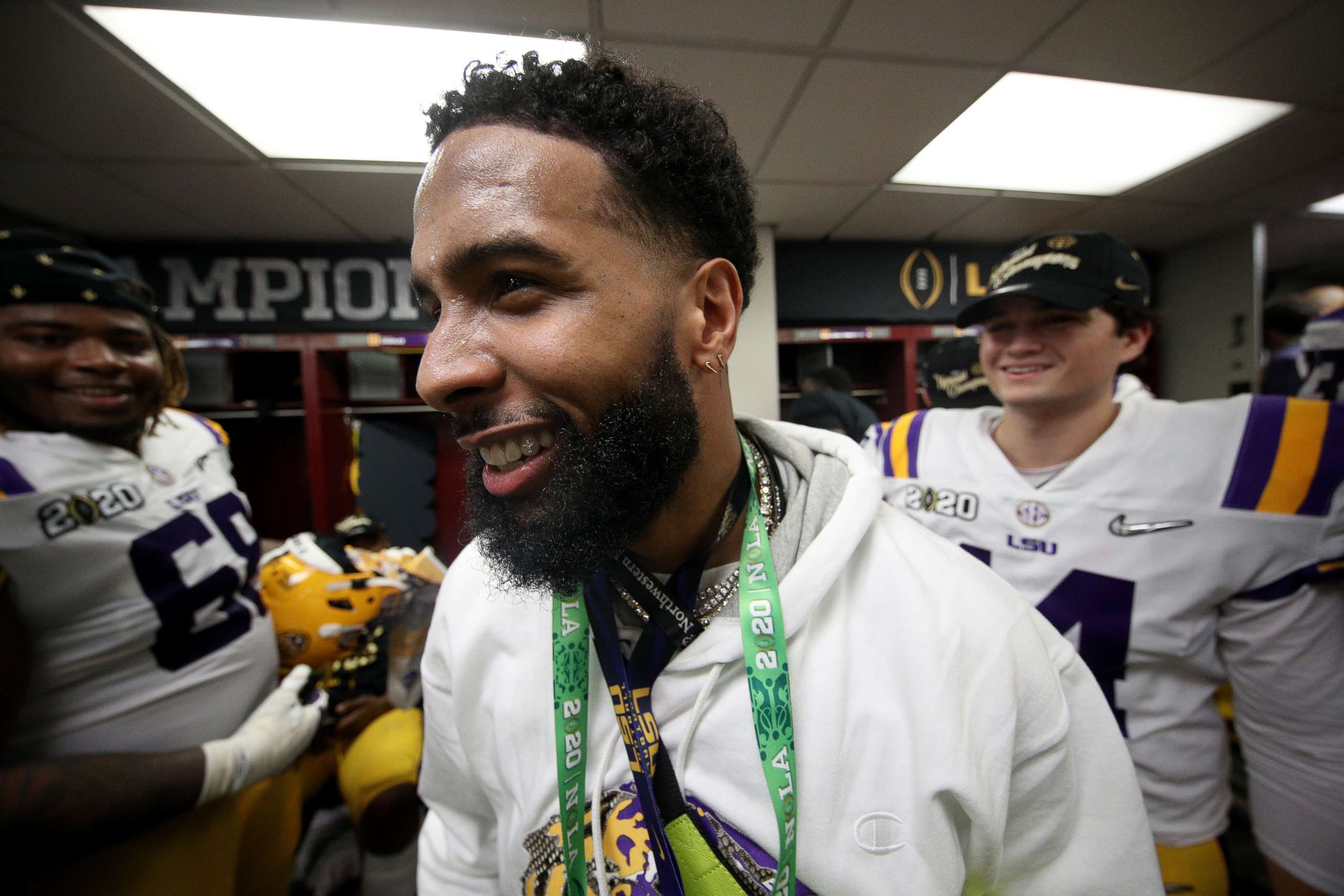 PHOTO: Odell Beckham Jr. celebrates in the locker room of the LSU Tigers after their 42-25 win over Clemson Tigers in the College Football Playoff National Championship game at Mercedes Benz Superdome, Jan. 13, 2020, in New Orleans.