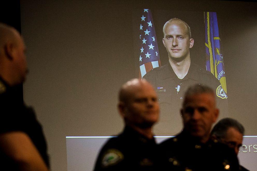 PHOTO: A picture of Joseph Shinners, a Provo police officer who was killed in the line of duty, is projected at the Provo City Center building during a news conference on Sunday, Jan. 6, 2019, in Provo, Utah.