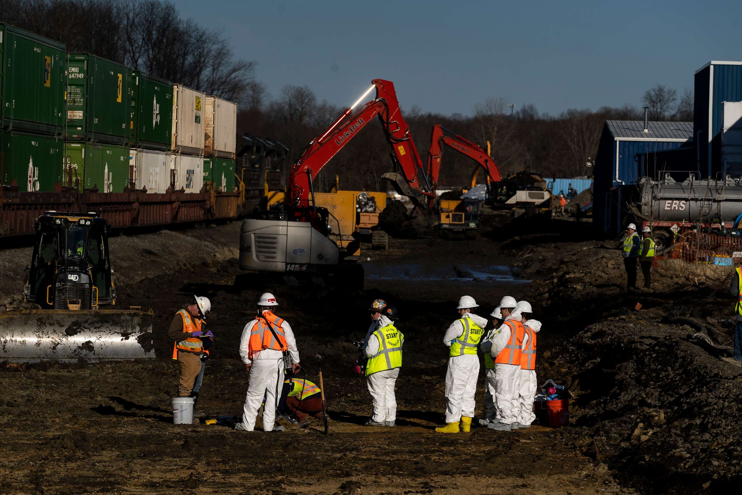 PHOTO: EAST PALESTINE, OH - MARCH 09: Ohio EPA and EPA contractors collect soil and air samples from the derailment site on March 9, 2023 in East Palestine, Ohio.