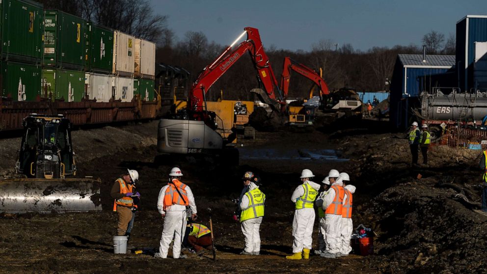 PHOTO: EAST PALESTINE, OH - MARCH 09: Ohio EPA and EPA contractors collect soil and air samples from the derailment site on March 9, 2023 in East Palestine, Ohio.