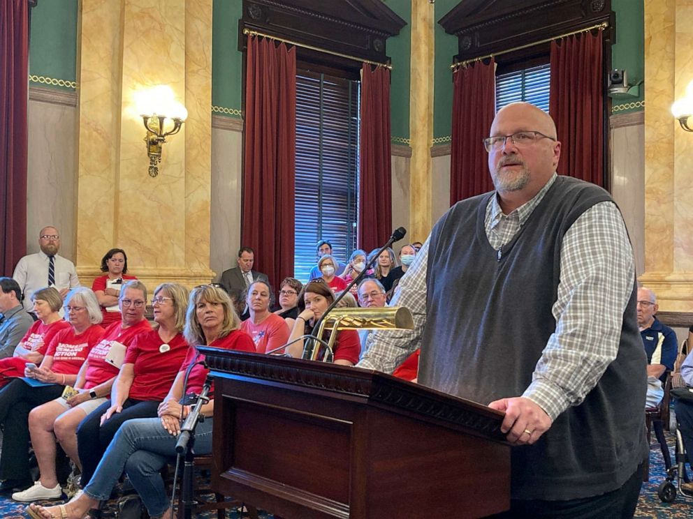 PHOTO: Rob Sexton, lobbyist and a supporter of GOP legislation that would permit Ohio school districts to arm employees by creating training standards, testifies in favor of the latest version of the bill, May 31, 2022, in Columbus, Ohio.