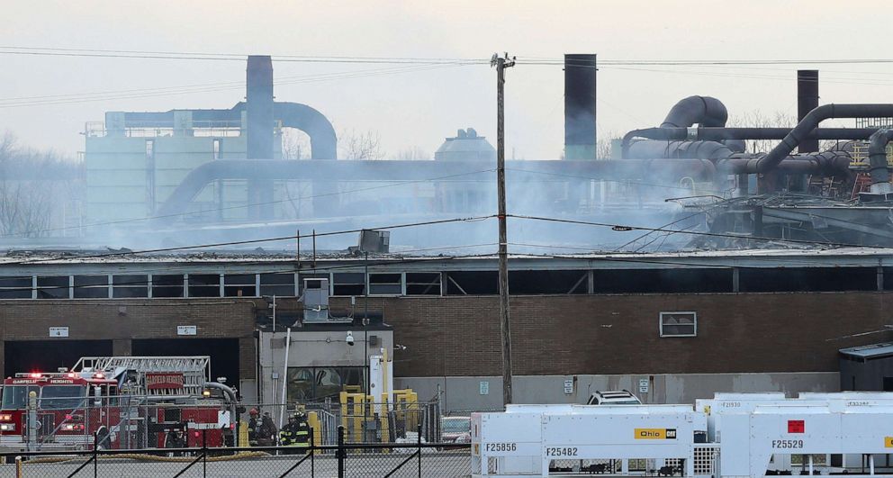 PHOTO: Smoke billows from the I. Schumann & Co. metals plant after an explosion at the factory in Bedford, Ohio, Feb. 20, 2023.