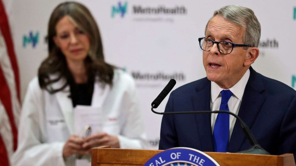 PHOTO: In this Feb. 27, 2020, file photo, Ohio Governor Mike DeWine gives an update at MetroHealth Medical Center in Cleveland, on the state's preparedness and education efforts to limit the potential spread of a new virus, COVID-19.