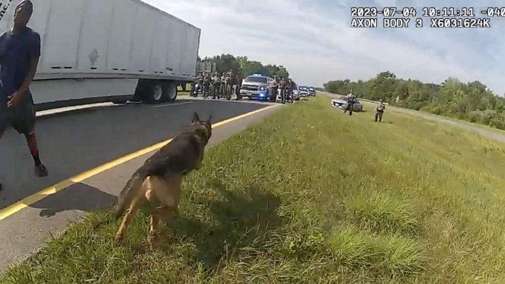 PHOTO: Police bodycam screengrab shows a few moments before Jadarrius Rose was attacked by an Ohio K-9 dog on July 4, 2023, after attempting to surrender to police with his hands up following a highway chase.