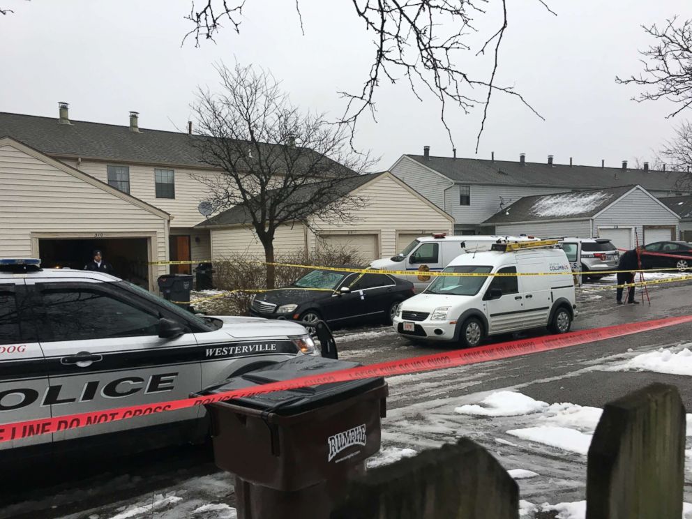 PHOTO: Police tape cordons off the area where two Westerville, Ohio, police officers were shot and killed responding to a hang-up 911 call, on Feb. 10, 2018. The officers were shot around noon after entering the residence.