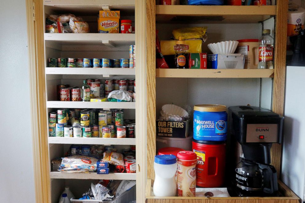 PHOTO: Canned goods sit in the pantry in the galley of MK McNally on the Ohio River passing Louisville, Ky., Sept. 15, 2017.