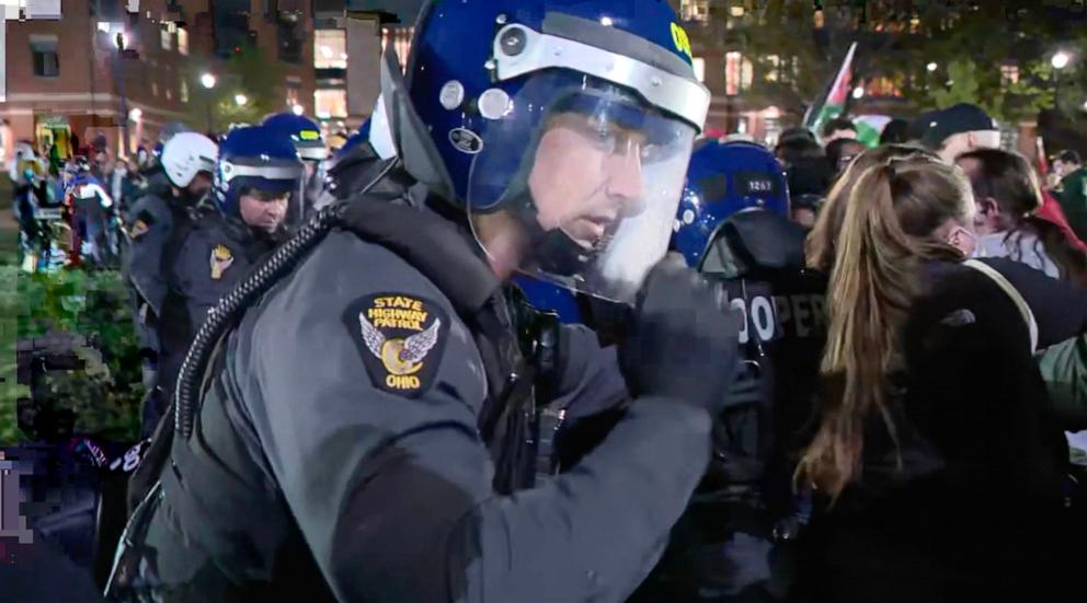PHOTO: Police dispersed people protesting the war in Gaza and made multiple arrests on the campus of Ohio State University in Columbus, Ohio, on Thursday, April 25, 2024.