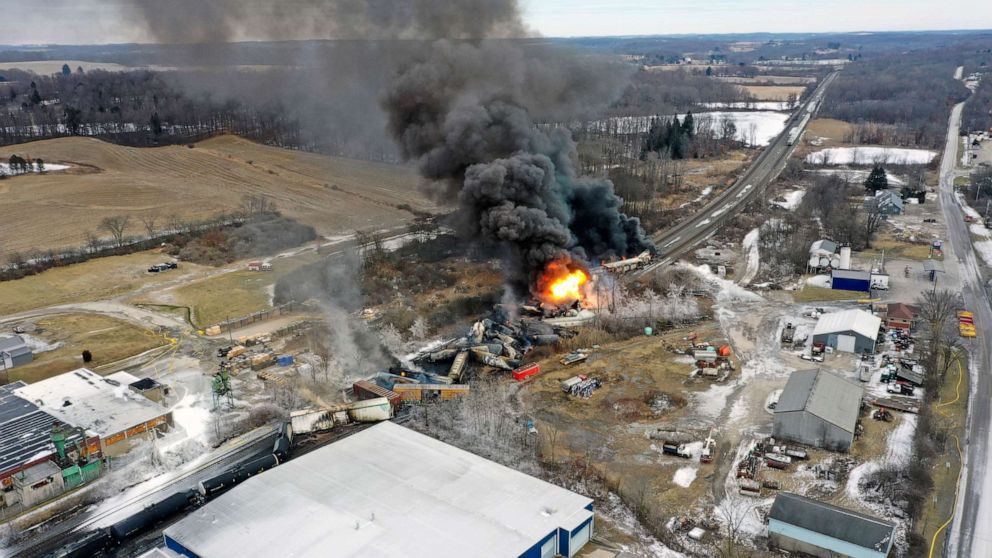 PHOTO: A plume of smoke rises from a Norfolk Southern train that derailed Friday night in East Palestine, Ohio are still on fire at mid-day, Feb. 4, 2023.
