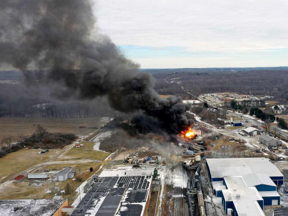 PHOTO: FILE - A plume rises from a Norfolk Southern freight train that derailed in East Palestine, Ohio, Feb. 4, 2023.
