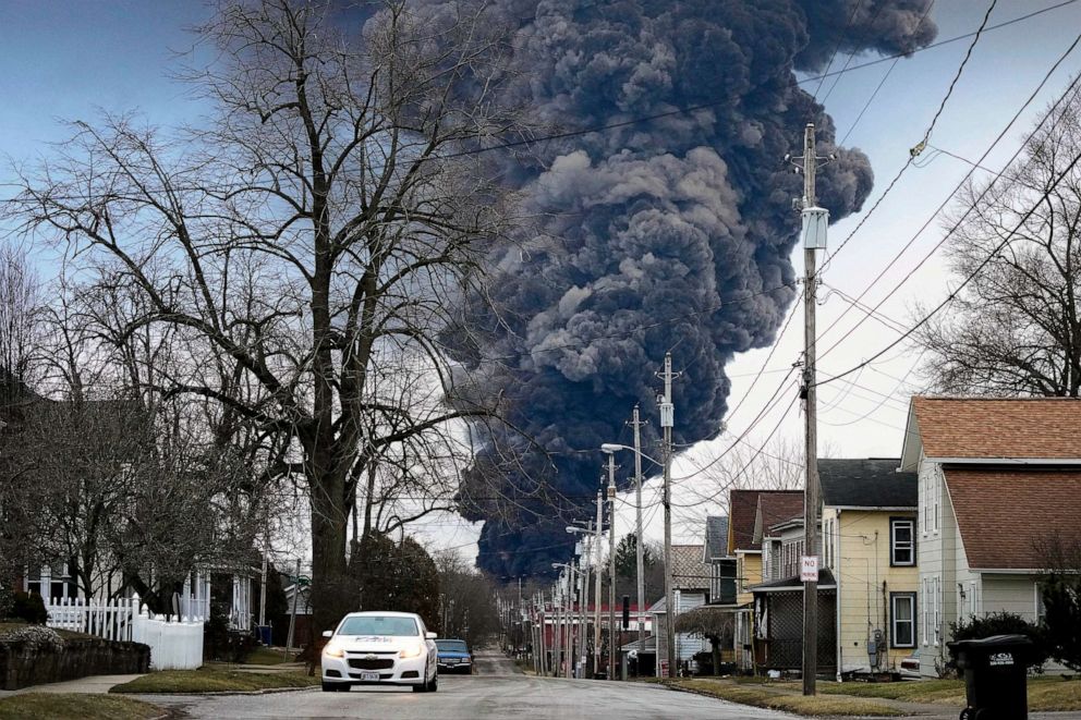PHOTO: FILE - A black plume rises over East Palestine, Ohio, after a controlled detonation of a portion of the derailed Norfolk Southern trains, Feb. 6, 2023.