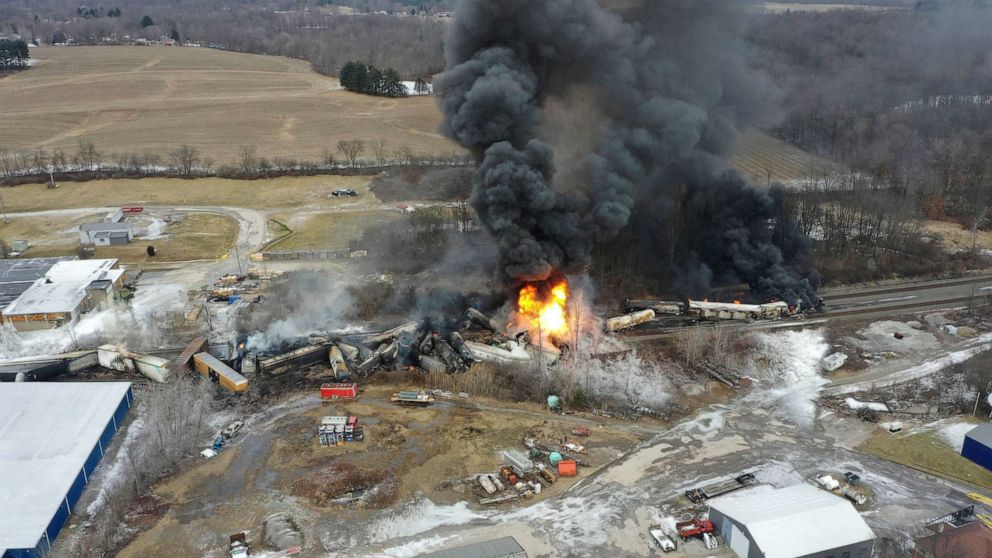 PHOTO: FILE - This photo taken with a drone shows portions of a Norfolk Southern freight train that derailed Friday night in East Palestine, Ohio, Feb. 4, 2023.