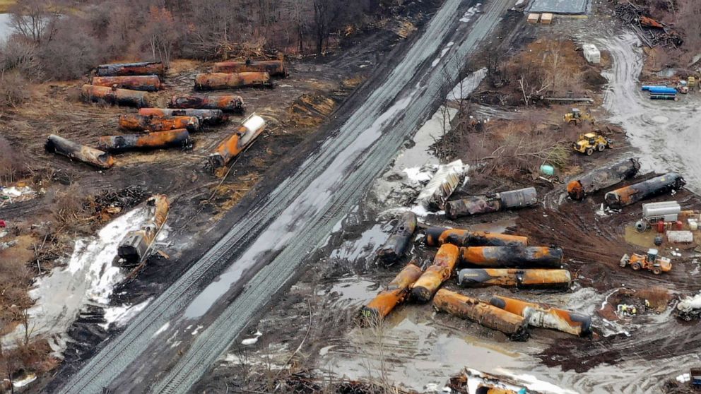 PHOTO: FILE - This photo taken with a drone shows the continuing cleanup of portions of a Norfolk Southern freight train that derailed Friday night in East Palestine, Ohio, Feb. 9, 2023.