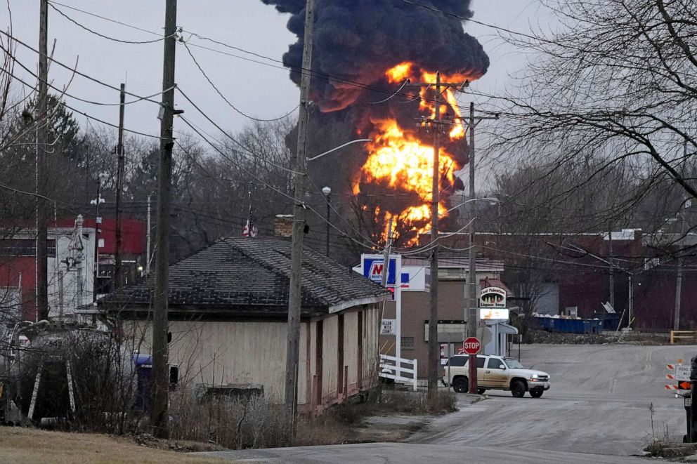 PHOTO: FILE - A black plume and fireball rise over East Palestine, Ohio, as a result of a controlled detonation of a portion of the derailed Norfolk and Southern trains Monday, Feb. 6, 2023.