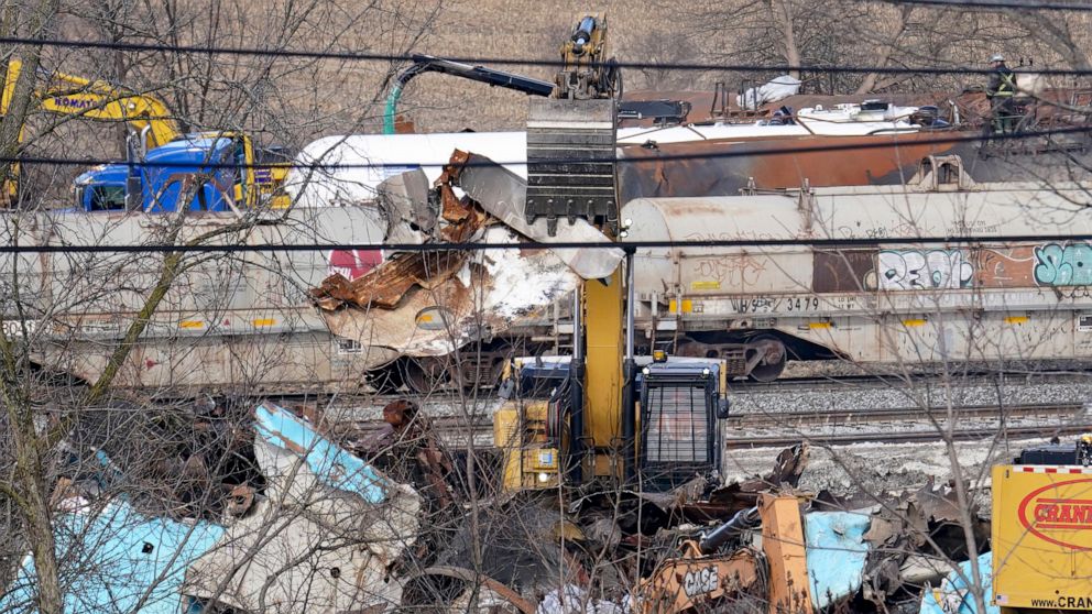 PHOTO: Workers continue to clean up remaining tank cars, Feb. 21, 2023, in East Palestine, Ohio, following the Feb. 3, Norfolk Southern freight train derailment.