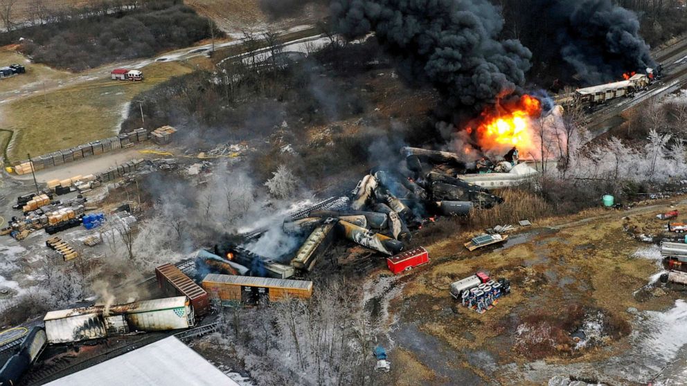 PHOTO: In this photo taken with a drone, portions of a Norfolk Southern freight train that derailed the previous night in East Palestine, Ohio, remain on fire at mid-day on Feb. 4, 2023.