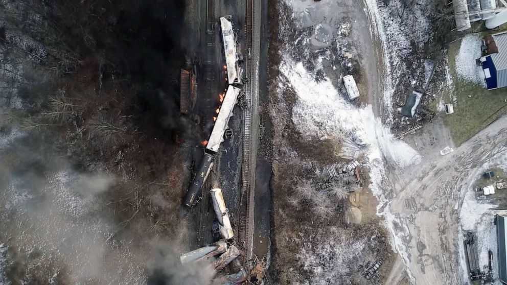 PHOTO: Drone footage shows the freight train derailment in East Palestine, Ohio, Feb. 6, 2023 in this screengrab.