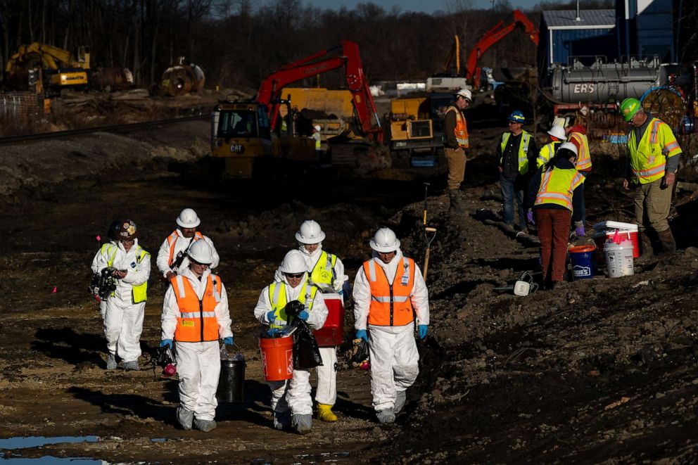 PHOTO: Ohio EPA and EPA contractors collect soil and air samples from the derailment site on March 9, 2023 in East Palestine, Ohio.