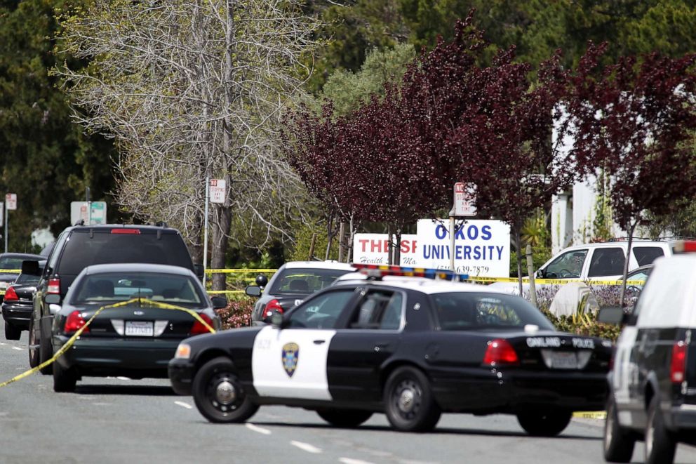 PHOTO: Police secure the scene at Oikos University after a shooting that killed multiple people, April 2, 2012, in Oakland, Calif. 