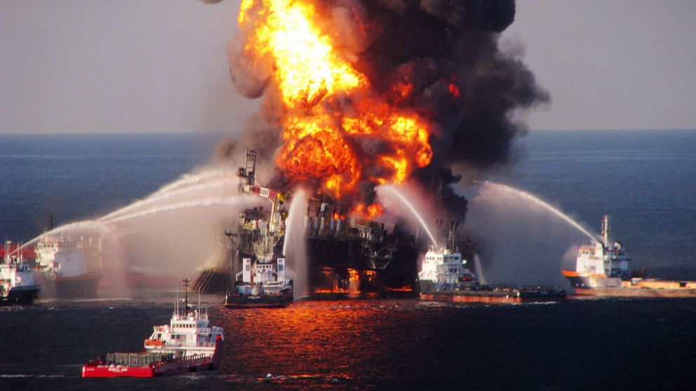PHOTO: Fire boats battle a fire at the off shore oil rig Deepwater Horizon, April 21, 2010 in the Gulf of Mexico off the coast of Louisiana.