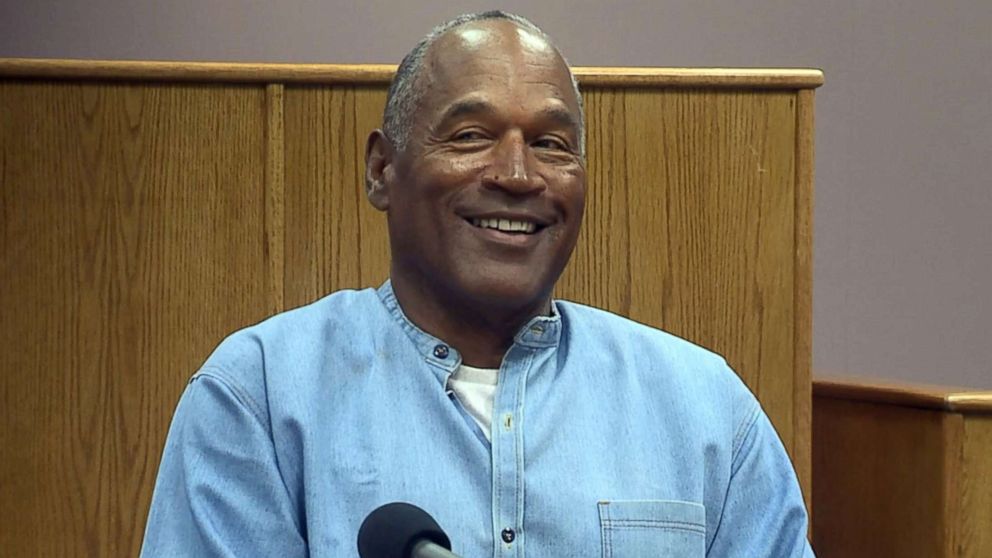PHOTO: O.J. Simpson reacts after he was mistakenly asked by a parole official if he had recently turned 90 during his parole hearing at the Lovelock Correctional Center in Lovelock, Nevada, July 20, 2017.