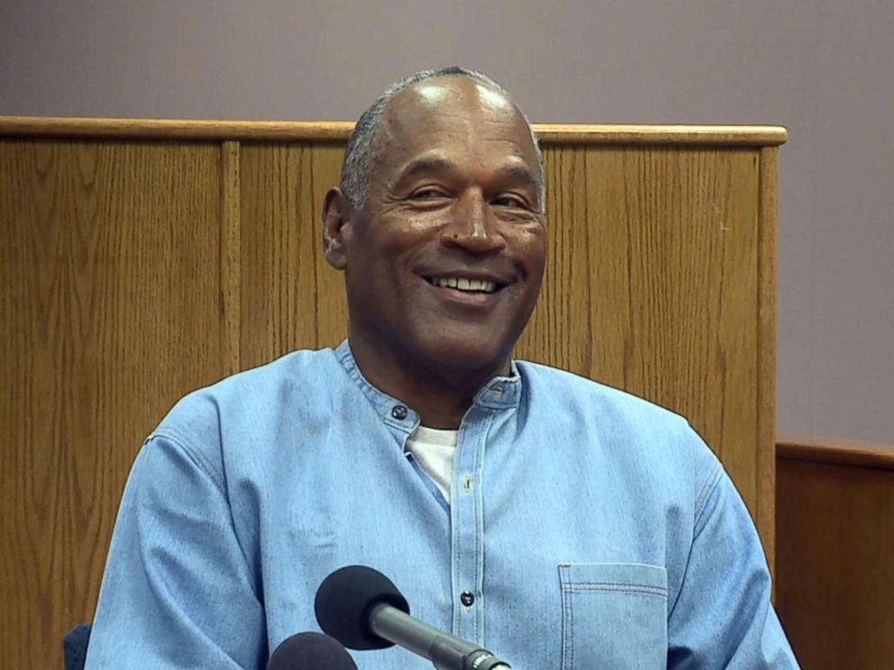 PHOTO: O.J. Simpson reacts after he was mistakenly asked by a parole official if he had recently turned 90 during his parole hearing at the Lovelock Correctional Center in Lovelock, Nevada, July 20, 2017.