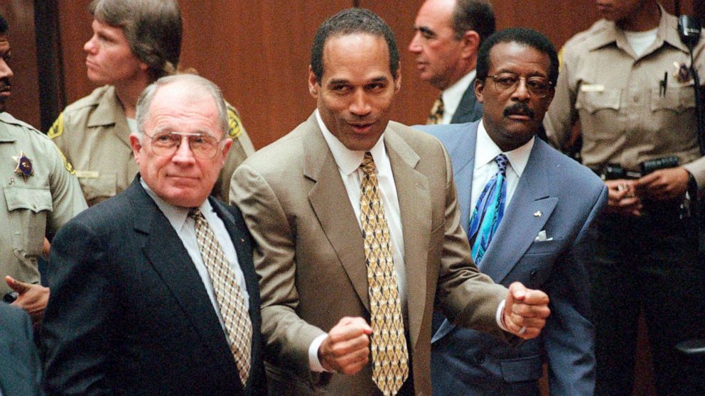 PHOTO: O.J. Simpson reacts as he is found not guilty of murdering his ex-wife Nicole Brown Simpson and her friend Ron Goldman, at the Criminal Courts Building in Los Angeles, Oct. 3, 1995.