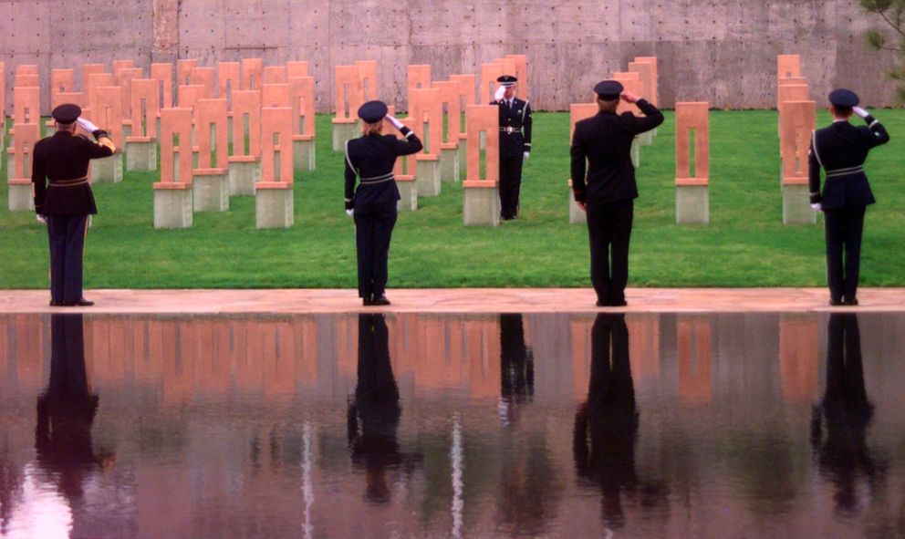PHOTO: In this file photo, a color guard stands at the Field of Chairs during the dedication ceremony of the Oklahoma City National Memorial in Oklahoma City. 