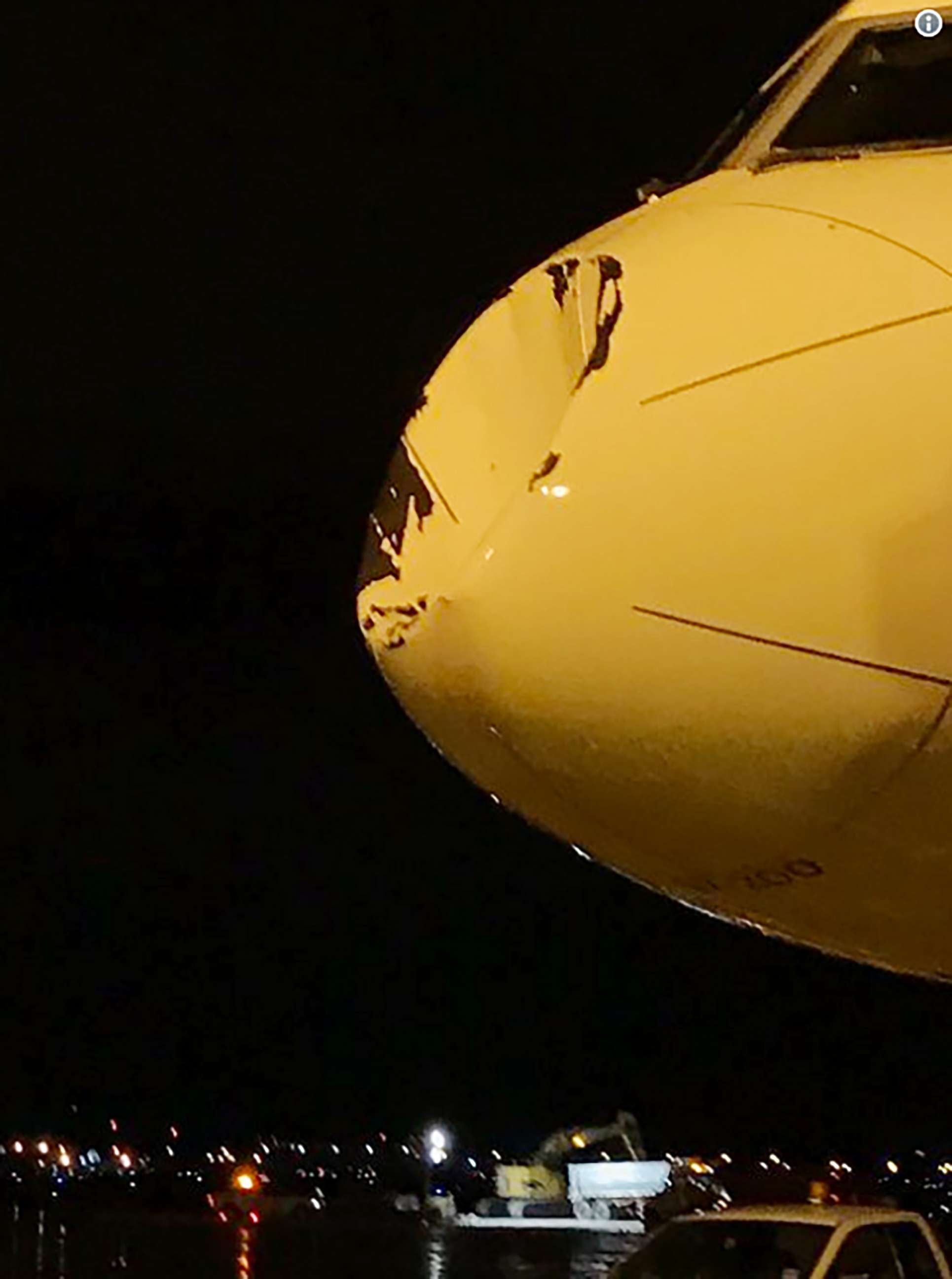 PHOTO: Oklahoma Thunder players posted photos on social media of the crushed nose of their charter plane, which Delta Airlines later said was due to a collision with a bird.